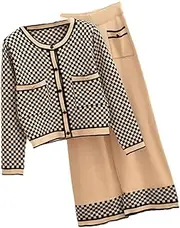 [Generic] Women 2 Piece Set O-Neck Cardigan Wide Leg Pants Knitted Two Piece Set