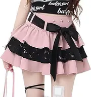 [RILGOU] Kawaii Lolita Gothic Clothes Casual Ribbon Elastic High Waist Rivet Trim Lace Layered Pleated Short Skirt