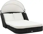Outdoor Lounge Bed, Garden Sun Lounge Patio Sun Bed Lounger Day Bed Chaise Lounge Sun Lounger with Canopy Poly Rattan Black