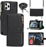 for iPhone 11 Pro Zipper Wallet Case with Crossbody Wrist Strap SunYoo Case ケース 9 Card Holder Leather Cover Kickstand Lanyard Wristlet Women Men Coque for iPhone11 Pro 11Pro Porte Feuille Black