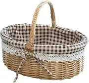 SOLUSTRE Hand Woven Picnic Bag Wicker Storage Basket with Linen Inner Coffee Plaid Fabric for Fruits Vegetables and Bread Storage present for Friends and Family