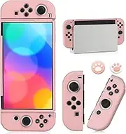 Dockable Case for Nintendo Switch OLED Model 2021, Soft TPU Protective Cover Case for Switch OLED Console and Joy-con Controller with 2 Pcs Thumb Grip, Pink