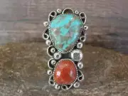 Navajo Sterling Silver Turquoise & Coral Adjustable Ring Size 9 to 11 by Clev...