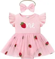 [IMEKIS] Baby Girls 1st Birthday Outfit Strawberry Butterfly Romper Dress with Headband Cake Smash Photo Shoot Clothes
