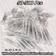 50-500 White Heat Shrink Butt Wire Connectors Waterproof Terminals AWG 26-22 ga