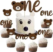 25 Pcs Bear One Cake Topper Glitter Teddy First Birthday Party Cupcake Decor Lumberjack Rustic Hunter Camping Wild Head Themed Boy Baby Shower 1st Birthday Party Supplies Decorations