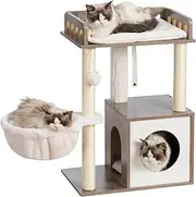 Heybly Modern Cat Tree, Wooden Cat Tower with 3 Scratching Posts, Cat Condo for Indoor Cats with Wood Cat Cave, Plush Perch, Basket, Pompom, Rustic Gray HCT007SSG