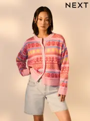 Pink Sea Patterned Colourful Knitted Cardigan (AG3752) | $79