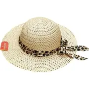 NWT JUNCTURE Womens Straw Hat Leopard Print Ribbon Bow One Size Natural