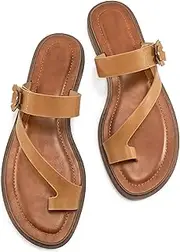 [Almusen] Flat Sandals for Women Dressy: Comfortable Summer Beach Sandal Adjustable Hook loop Slip on Toe Ring Walking Shoes for Travel Office