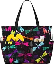 [Ghjkfbf] Cute Dragonfly Print Large Capacity Beach Travel Bag For Family, Beach Tote Bag For Women With Zipper Pockets, Black, One Size