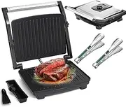 Electric Steak Grill Maker,2000w Indoor Panini Press Grill with 9 Adjustable Temperature, Removable Oil Box, Non-Stick Coating, Anti-Scald Handle, Sandwich Maker for Double-Sided Heating