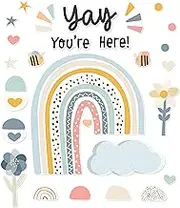 Carson Dellosa 76-Piece We Belong Welcome Bulletin Board Set, Yay You're Here Welcome Bulletin Board Sign, Flowers, Boho Rainbow, Hearts, Stars, and More, Neutral Classroom Décor