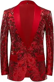 [SWJGLITTR] Men's Notched Lapel Blazer Suit Slim Fit Dress Floral Suit Coat Sequins Floral Tuxedo Suit Jacket, Red, X-Large