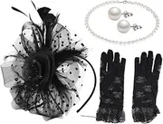 [TOVINANNA] 1Set Fascinators Hat Veil with Pearl Necklace Earring Set Tea Party Accessories Elegant Mesh Headband Gloves for Bridal Showers Race Day Dress Up Events