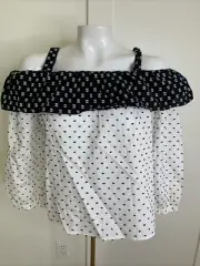 Ann Taylor LOFT XSP Black White Dotted Swiss Off Shoulder Ruffle Cotton Blouse