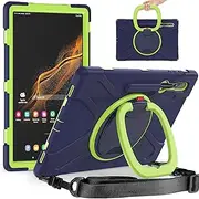 Heavy Duty Case for Galaxy Tab S9 Ultra 2023/S8 Ultra 14.6 Inch, Hybrid Rugged Case with S Pen Holder, Shockproof Kids Case with 360 Rotating Stand/Shoulder Strap (Navy+Green)