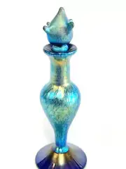 Blue Luster Perfume Bottle With Flower Stopper Design. Alcaraz Glass