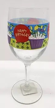Happy Birthday Cupcake Candles & Red Balloon Wine Glass 10 Ounce Stemware Party