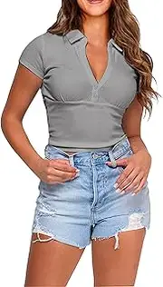 [Generic] Womens V Neck Sexy Short Sleeve Polo Collar Ruched Ruffle T-Shirt Ladies Solid Color Button Down Shirts, Grey, S