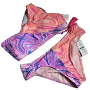 Beach Lingo Multi Swirlicious One Shoulder Bra Side Shirred Swim Set Size 16 NWT