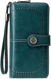 [Minefoir] Women Long Wallet Retro Oil Wax Leather Hollowing Out Purse RFID Blocking Credit Card Holder Cute Ladies Girl Travel-Blue