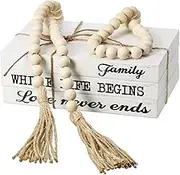3 Pcs Decorative White Faux Books Decoration Farmhouse Stacked Display Books with Wood Bead Tassels for Coffee Tables, 58 Inch (Family Where Life Begins)