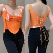 Women s Sexy Lace Up Top Backless Corsets Summer Bustier Camisole with Straps