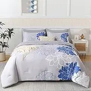 Ellewins King Size Comforter Set 7 Pcs Bed in a Bag,Blue White Modern Elegant Floral Pattern Grey Bedding Set,Soft Microfiber Comforter with Sheet Set,All Season Bed Set(BlueWhite,102"x90")