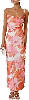 [Zwirelz] Women's Mesh Ruched Bodycon Dress Floral Spaghetti Strap Maxi Dress Stretch Sexy Backless Slip Long Dresses