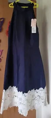 REVIEW Dress Sz8 Beautiful Navy Blue Satin with white trimming NEW with tags