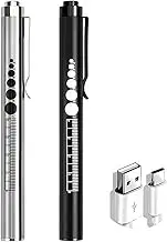 KEWAYO 2pcs Pen Light, Reusable LED Penlight for with Pupil Gauge & Ruler, USB Rechargeable, Extra Warm Light Bulb, Pocket Clip Mini Flashlight(Black, Silver)