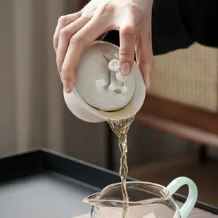 草木灰手工捏花蓋碗壺承組單個不燙手陶瓷中式復古創意純色泡茶碗