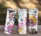 20oz Bee Happy Tumbler with Lid and Straw, Stainless Steel Insulated Cup