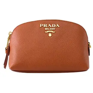 【PRADA 普拉達】經典浮雕LOGO小牛皮貝殼造型化妝包萬用包(橘棕)