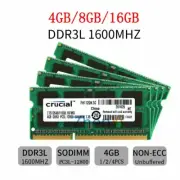 16GB 8GB 4GB DDR3L 1600MHz PC3L-12800 204Pin SODIMM Laptop Memory Crucial BT LOT