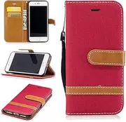 SATURCASE Case for iPhone 7 / iPhone 8, Premium Jeans Style Denim and PU Leather Flip Magnet Wallet Stand Card Slots Protective Cover with Hand Strap for Apple iPhone 7 / iPhone 8 (JE-Red)