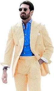 [Mrbuerly] Men's Striped Seersucker Suits 2 Piece Slim Fit Wedding Tuxedo Summer Beach Leisure Suits Sets
