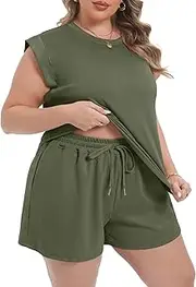 [OLRIK] Plus Size Short Sets 2025 Summer Two Piece Outfits Tops and Elastic Drawstring Shorts Lounge Tracksuit with Pockets