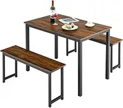 [Costway] 3 PCS Dining Table Set, Dining Table & 2 Benches for 2-4 Persons W/Anti-Rust Metal Frame, Breakfast Table Furniture Set, Space-Saving Dinette for Kitchen Dining Room Bar