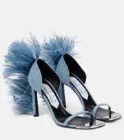 [Area] Area x Sergio Rossi Amazona feather-trimmed denim sandals AU 4 blue