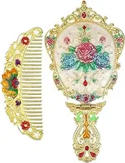 [Baluue] Vintage Mirror Comb Set, Metal Antique Rose Style Handheld Makeup Mirror Travel Round Folding Cosmetic Mirror Womens Vanity Handle Foldable Mirror Golden