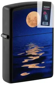 Zippo 49810 Full Moon Design Black Light Black Matte Lighter + FLINT PACK