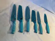 Set of Six Cooking Light Knives with a Kleva Sharp Knife Sharpener. Aqua