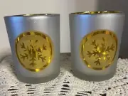 Hurricane Glass Candle Holder/Frosted Gray/Gold Vase 3” x 3-1/2”; NEW. Set of 2