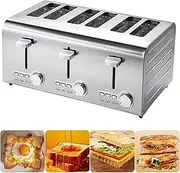 Commercial 6 Slices Toaster， Auto Pop-up (Independent & Extra Wide Slots with High Lift, 7 Browning Levels, Frozen/Cancel/reheat Function, Removable Crumb Tray, Brushed & Stainless Steel