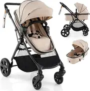 [Baby Joy] High Landscape Baby Stroller, 2 in 1 Convertible Baby Pram Jogger with Adjustable Canopy & Backrest, Anti-Shock Toddler Folding Pushchair with Storage Basket & Aluminium Frame, Portable Baby Prams and Strollers for 6-36 Months (Beige)