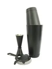 Black Bartender Tool Kit 4 pc Boston Shaker Set with Hawthorne Strainer & Jigger