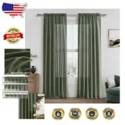 Boho Farmhouse Olive Green Linen Curtains - Light Filtering & 90 Inches Long