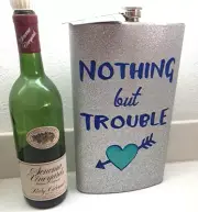 64oz clown party huge Alcohol Flask Cupid blue heart glitter nothing but trouble
